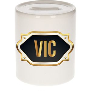 Vic naam cadeau spaarpot met gouden embleem - kado verjaardag/ vaderdag/ pensioen/ geslaagd/ bedankt