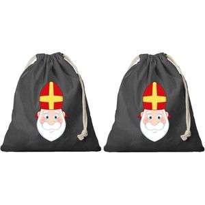 4x Katoenen cadeautasje / strooizak zwart met sluitkoord Sinterklaas - Pepernoten zak