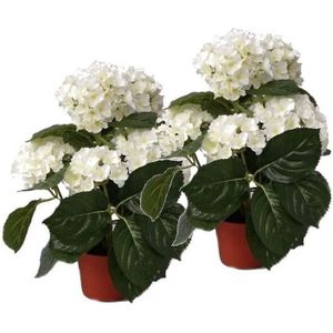 2 Stuks kunstplanten hortensia wit 36 cm - Kunstplanten/nepplanten met witte bloemen