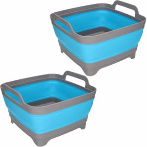 2x Grijs/blauwe opvouwbare wasbak met stop 30.5 x 30 cm - Keukenbenodigdheden - Afwassen - Afwasbakken/afwasteilen/afdruiprekken