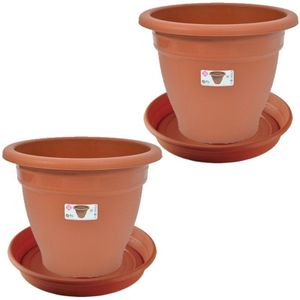 2x stuks bloempot met onder opvangschaal in kleur terra cotta - rond diameter pot 50 cm - Plantenpotten/bakken