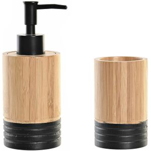 Items badkamer accessoires set drinkbeker/zeeppompje - bamboe/zwart