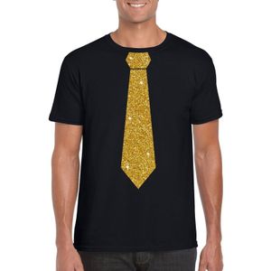 Zwart fun t-shirt met stropdas in glitter goud heren
