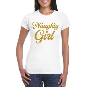 Bellatio Decorations Foute party t-shirt voor dames - Naughty Girl - wit - glitter - carnaval/themafeest