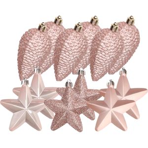 Dennenappels en sterren kerstornamenten - 12 stuks - kunststof - lichtroze