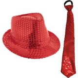Carnaval verkleed setje - glitter hoedje en stropdas - rood - volwassenen - met pailletten