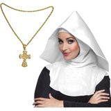 2x stuks nonnen carnaval verkleed setje van hoofdkap kraag en gouden kruis aan ketting - Verkleedkleding - Vrijgezellenfeestje dames