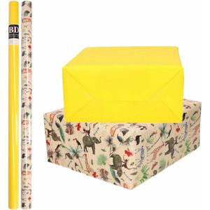 6x Rollen kraft inpakpapier jungle/oerwoud pakket - dieren/geel 200 x 70 cm - cadeau/verzendpapier