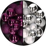 Kerstballen 60x stuks - mix zilver/paars - 4-5-6 cm - kunststof - kerstversiering