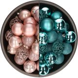 Bellatio Decorations Kerstballen mix - 74-delig - turquoise blauw en lichtroze - 6 cm - kunststof