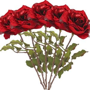 Top Art Kunstbloem roos Glamour - 5x - rood satijn - 61 cm - kunststof steel - decoratie bloemen