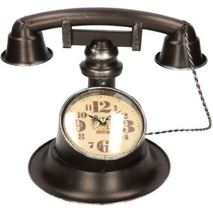 Tafelklok antieke telefoon vorm bruin/zwart metaal 21 cm - Woondecoratie/woonaccessoires - Klokken - Tafelklokken - Metalen staande klokken