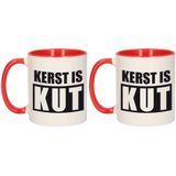 Set van 2x stuks cadeau kerstmokken kerst is kut - 300 ml - rood / wit - keramiek - koffiemokken / theebekers - Kerstmis - kersthater