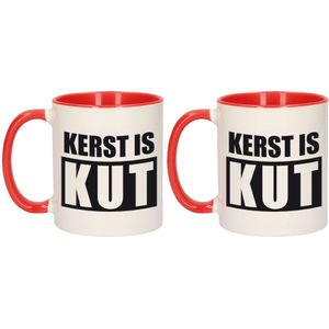 Set van 2x stuks cadeau kerstmokken kerst is kut - 300 ml - rood / wit - keramiek - koffiemokken / theebekers - Kerstmis - kersthater