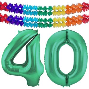 Folat folie ballonnen - Leeftijd cijfer 40 - glimmend groen - 86 cm - en 2x slingers