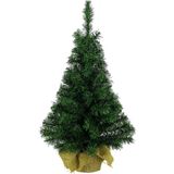 6x stuks volle kleine/mini kerstbomen groen in jute zak 45 cm - Kunst kerstbomen / kunstbomen