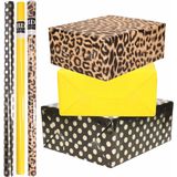 9x Rollen kraft inpakpapier/folie pakket - panterprint/geel/zwart met gouden stippen 200 x 70 cm - dierenprint papier