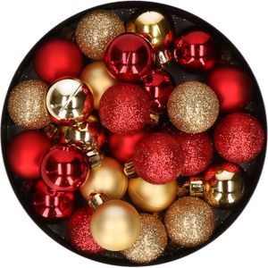 28x stuks kunststof kerstballen rood en goud mix 3 cm - Kerstboomversiering