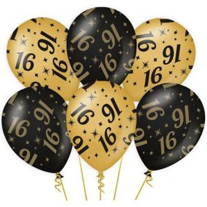 24x stuks Leeftijd verjaardag feest ballonnen 16 jaar geworden zwart/goud van 30 cm- Feestartikelen/versiering
