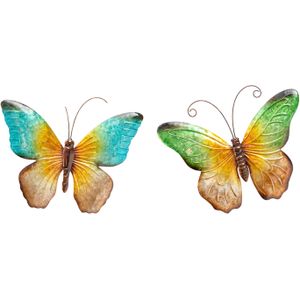 Anna Collection Wanddecoratie vlinders - 2x - blauw/groen - 44 x 32 cm - metaal - muurdecoratie - tuin beelden van dieren