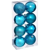 16x stuks kerstballen turquoise blauw glans en mat kunststof diameter 7 cm - Kerstboom versiering