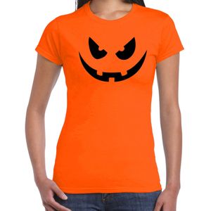Pompoen gezicht halloween verkleed t-shirt oranje voor dames - horror shirt / kleding / kostuum