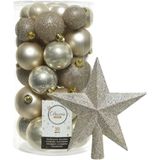 Decoris kerstballen 30x stuks - licht champagne 4/5/6 cm kunststof mat/glans/glitter mix en kunststof piek 19 cm