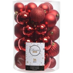 Decoris Kerstballen en ornamenten - 34x st - rood - kunststof - kerstballen en dennenappels