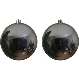 2x Grote zilveren kunststof kerstballen van 14 cm - glans - zilveren kerstboom versiering