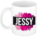 Jessy  naam cadeau mok / beker met roze verfstrepen - Cadeau collega/ moederdag/ verjaardag of als persoonlijke mok werknemers