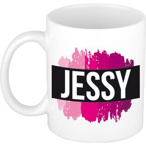 Jessy  naam cadeau mok / beker met roze verfstrepen - Cadeau collega/ moederdag/ verjaardag of als persoonlijke mok werknemers