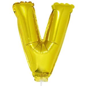 Gouden opblaas letter ballon V op stokje 41 cm