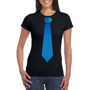 Zwart t-shirt met blauwe stropdas dames