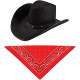 Carnaval verkleedset cowboyhoed El Paso - zwart - met rode hals zakdoek - voor volwassenen