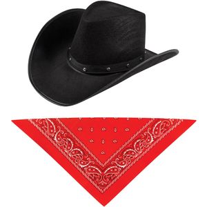 Carnaval verkleedset cowboyhoed El Paso - zwart - met rode hals zakdoek - voor volwassenen