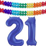 Folat folie ballonnen - Leeftijd cijfer 21 - blauw - 86 cm - en 2x slingers