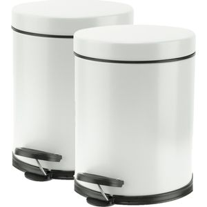 2x stuks vuilnisbakken/pedaalemmers wit 5 liter 24 cm RVS - Afvalemmers - Prullenbakken