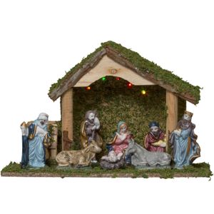 Verlichte kerststal met beelden - L32 x B13 x H20 cm - op batterij