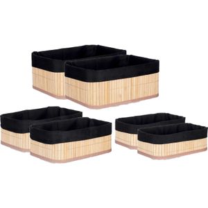 Kipit Badkamer/toilet ruimte opbergmandjes - bamboe/stof zwart - set 6x stuks - verschillende formaten