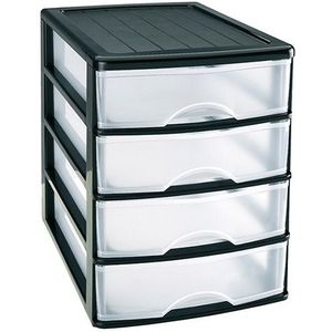 Ladeblok/bureau organizer met 4x lades zwart/transparant - L35,5 x B27 x H35 - Opruimen/opbergen laatjes