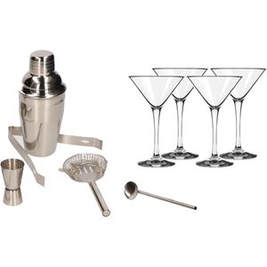 Cocktailshaker set RVS 5-delig Inclusief 4x Cocktail/Martini Glazen 250 ml - Zelf Cocktails Maken