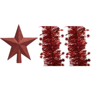 Set van een kerst ster piek en 2x stuks kerstslingers rood 270 x 10 cm - Kerstversiering