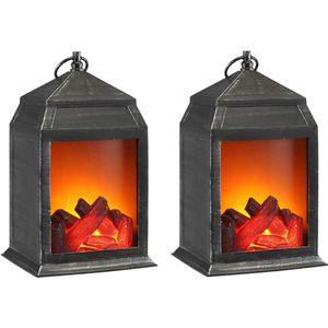 Set van 2x stuks sfeerhaarden lantaarns met LED verlichting 16 x 14 x 27 cm - Sfeerhaarden/LED openhaarden/sfeerlantaarns