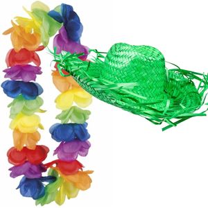 Carnaval verkleedset - Tropical Hawaii party - strohoed groen - en volle bloemenslinger multi colours - voor dames