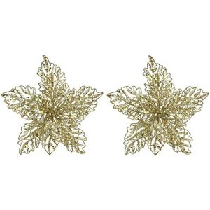 4x Kerstboomversiering op clip gouden glitter bloem 23 cm - kerstboom decoratie - gouden kerstversieringen