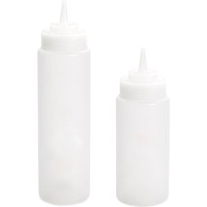 Doseerfles/sausfles - set 2x - 500/700 ml - met schenktuit - transparant - 18 en 20 cm