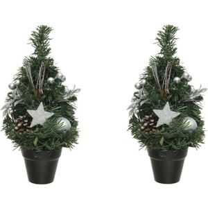 2x stuks mini kunst kerstbomen/kunstbomen met zilveren versiering 30 cm - Miniboompjes/kleine kerstboompjes