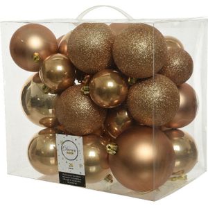 26x Camel bruine kunststof kerstballen 6-8-10 cm - Mix - Onbreekbare plastic kerstballen - Kerstboomversiering camel bruin