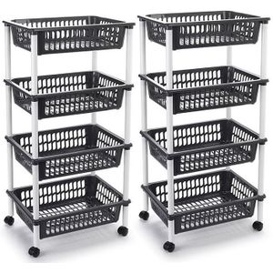 Opberg trolley/roltafel - 2x stuks - antraciet grijs - met 4 manden - 40 x 30 x 85 cm