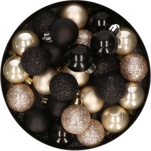 28x stuks kunststof kerstballen parel/champagne en zwart mix 3 cm - Kerstboomversiering